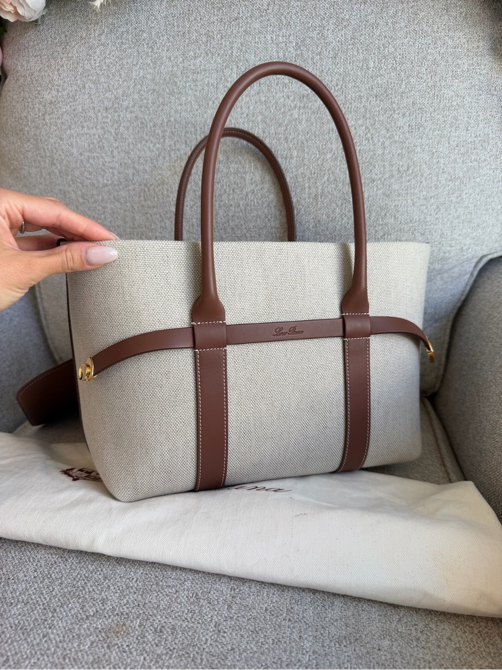 Loro Piana Beige Canvas Tote with Brown Leather Trim